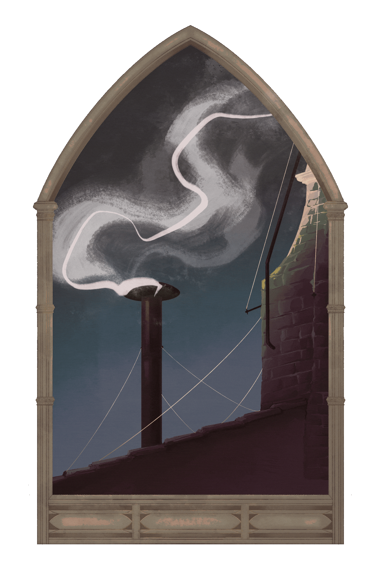 An animated illustration of the chimney installed above the Sistine Chapel. White smoke rises from it against a darkening sky.