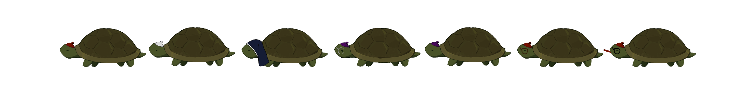 A line of turtles wearing tiny headwear. Most are wearing zuchettos in red, purple or white, one wears a dark blue habit.