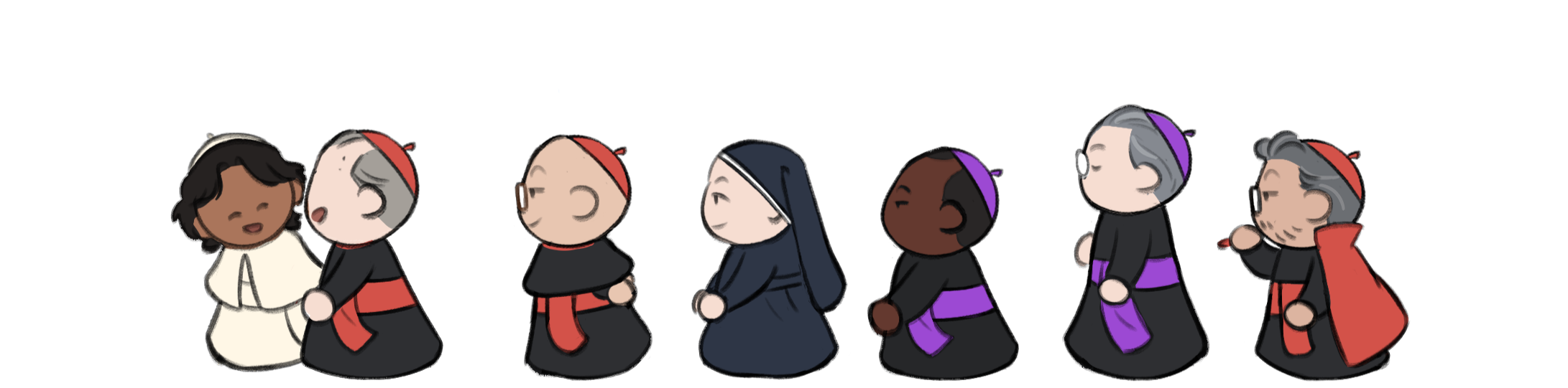 Chibi drawings of the cast of the game walking in a line. In the front is Innocent and Lawrence followed by Bellini, Agnes, Adeyemi, Tremblay, and Tedesco.