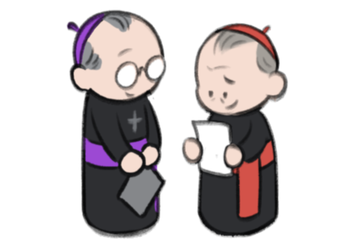 Chibi drawings of Ray and Lawrence. They are both smiling as Lawrence looks at a page of a report.