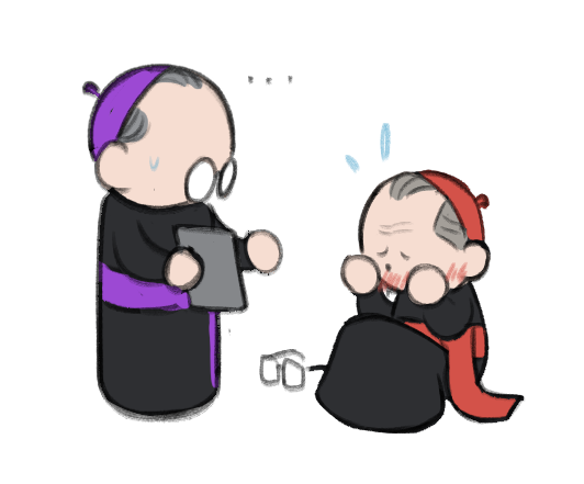 Chibi drawings of Ray and Lawrence. Lawrence is seated on the floor looking overwhelmed while Ray is standing holding his report folio out to him passively.